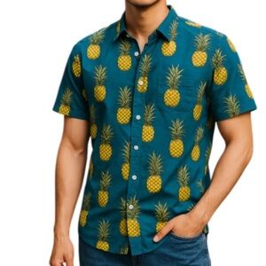 OLD NAVY Mens Pineapple Print Button Down Shirt Blue Short Sleeve Hawaiian S